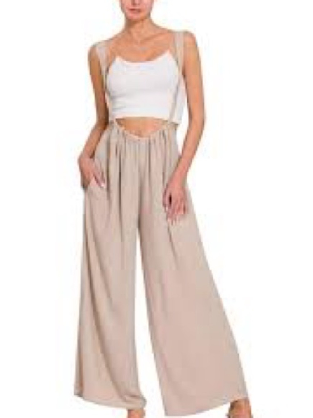Zenana Beige Wide-Leg Suspender Jumpsuit Pants